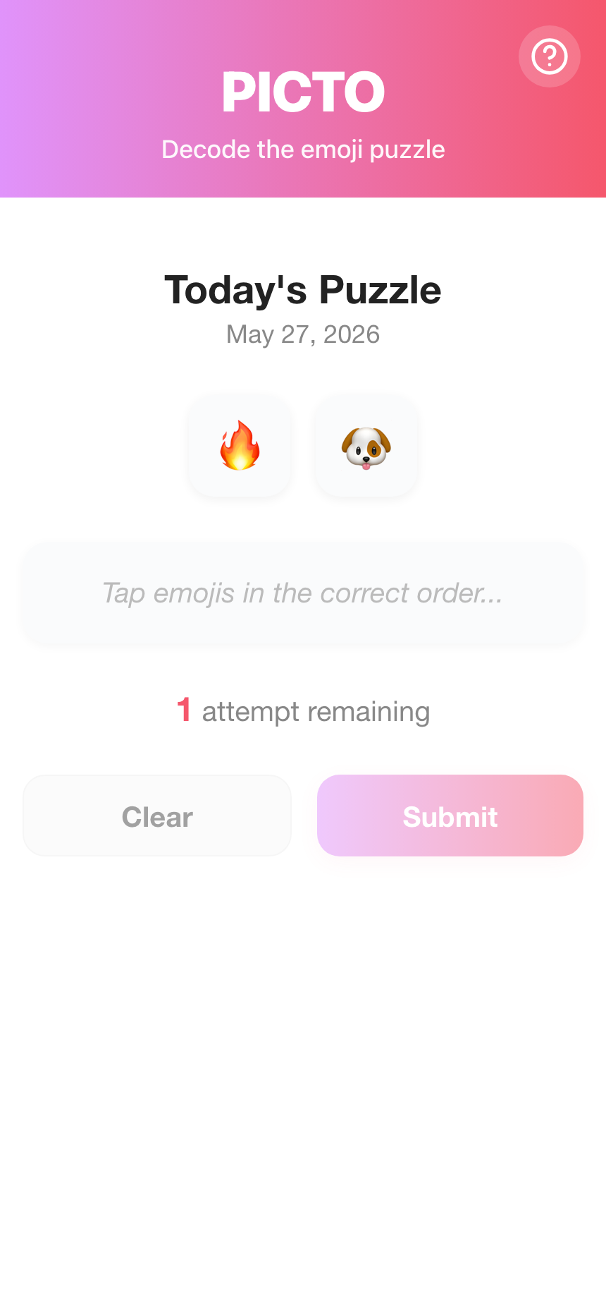Picto puzzle screen with emoji clues ready to arrange